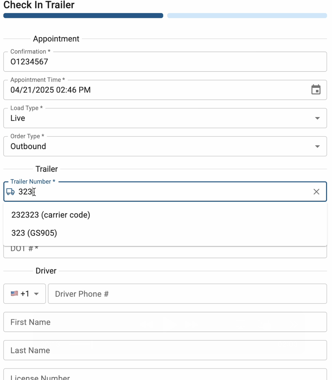 Screenshot of the trailer check-in process in the Nsight Fleet Yard Management System (YMS)